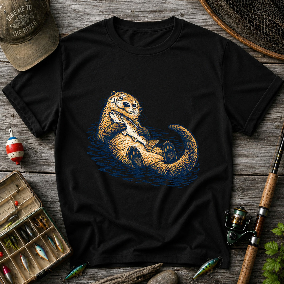 Cute Otter Holding Fish Hand Drawn Fishing Graphic T-Shirt