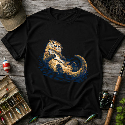 Cute Otter Holding Fish Hand Drawn Fishing Graphic T-Shirt