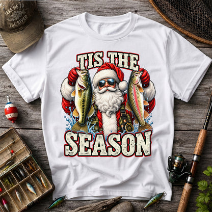 Tis the Season Santa Holding Bass and Rainbow Trout Christmas Fishing T-Shirt