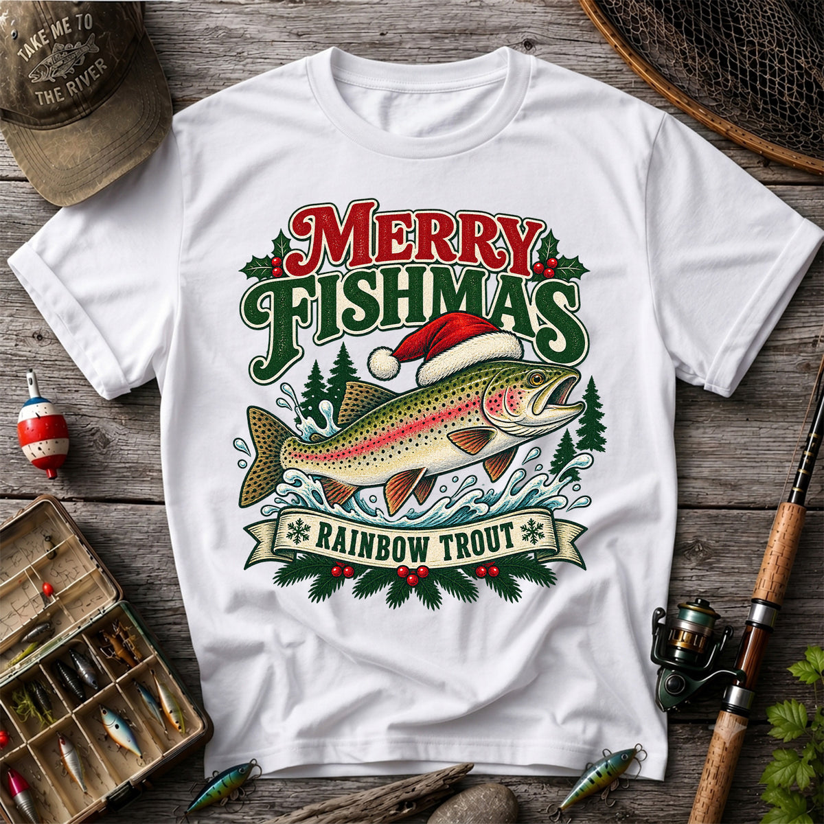 Merry Fishmas Rainbow Trout in Santa Hat Christmas Fishing T-Shirt