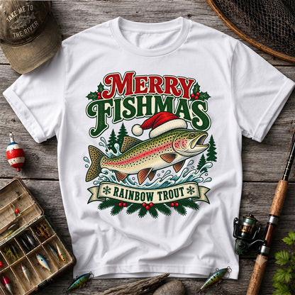 Merry Fishmas Rainbow Trout in Santa Hat Christmas Fishing T-Shirt