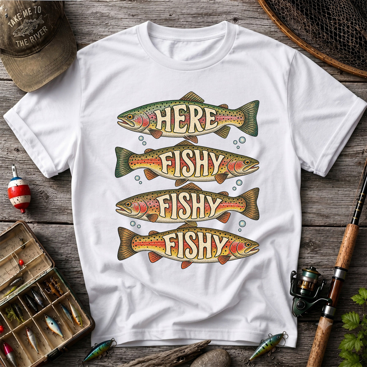 Here Fishy Fishy Fishy Rainbow Trout Fishing Graphic T-Shirt