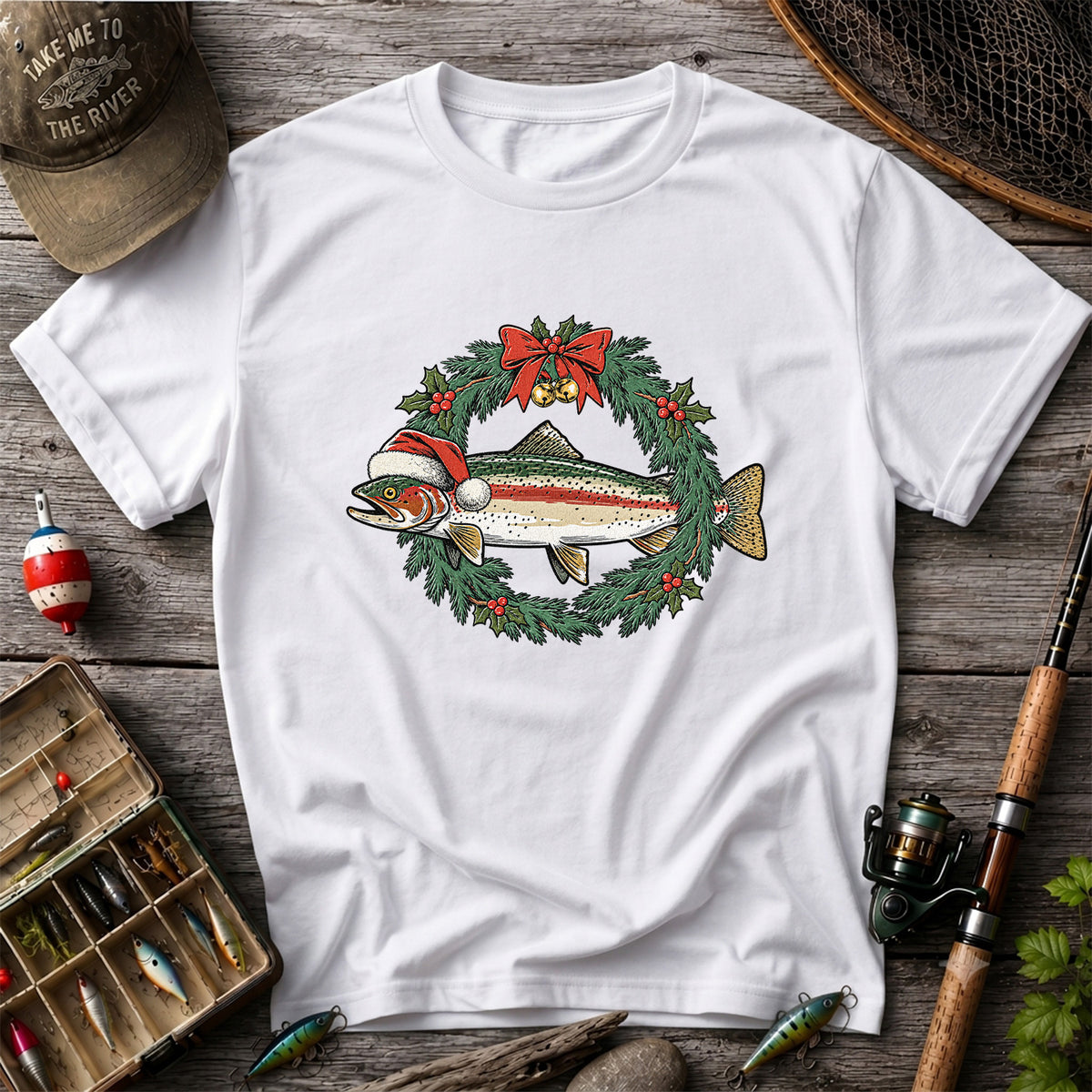 Christmas Trout Wreath Fishing Graphic T-Shirt