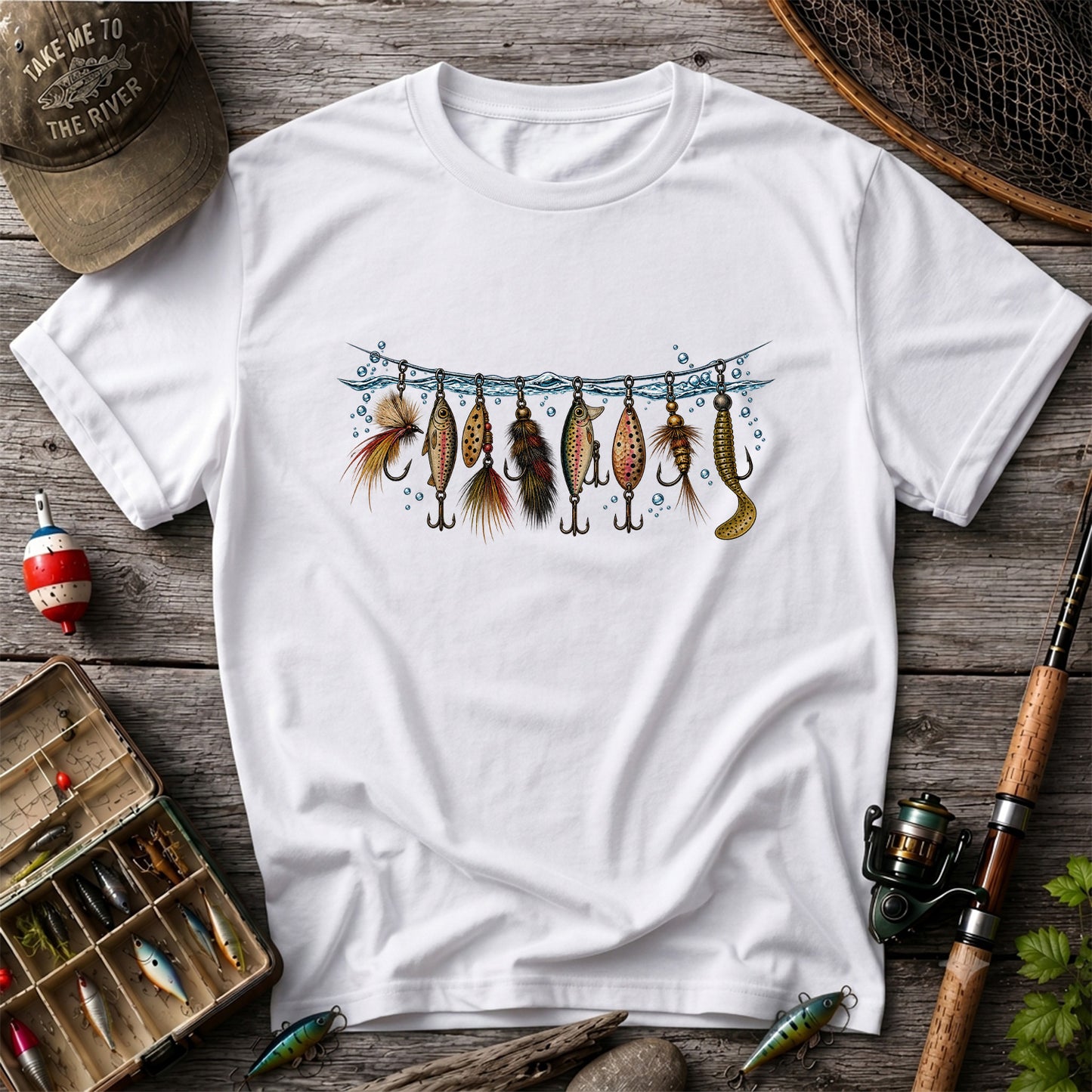 Vintage Fishing Lures Hanging from a Waterline Graphic T-Shirt