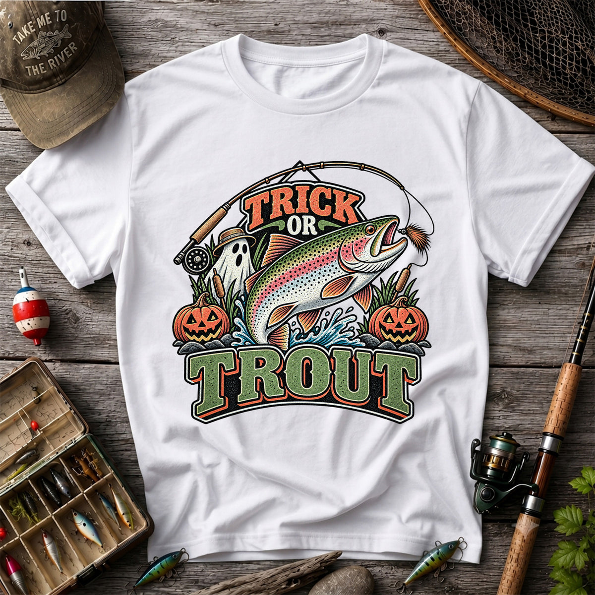 Trick or Trout Rainbow Trout Ghost and Pumpkins Halloween Fishing T-Shirt