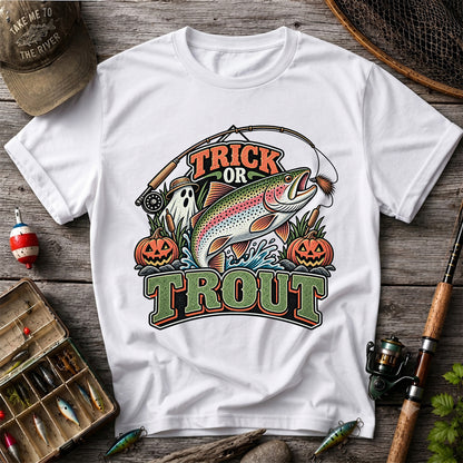 Trick or Trout Rainbow Trout Ghost and Pumpkins Halloween Fishing T-Shirt