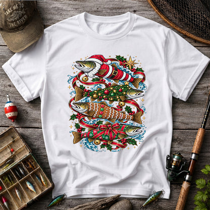 Santa and Gingerbread Trout Christmas Fishing Graphic T-Shirt