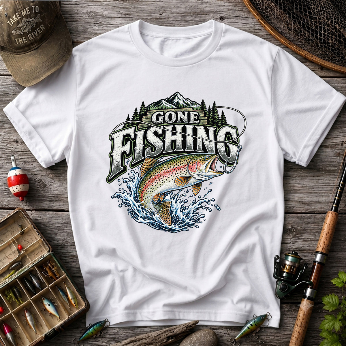 Gone Fishing Rainbow Trout and Mountains Graphic T-Shirt