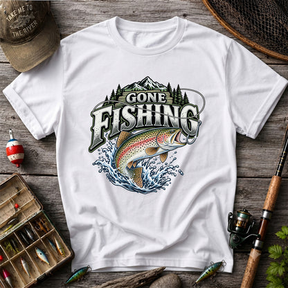 Gone Fishing Rainbow Trout and Mountains Graphic T-Shirt