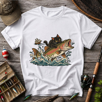 Black Cat Riding a Trout Ocean Wave Fishing Graphic T-Shirt