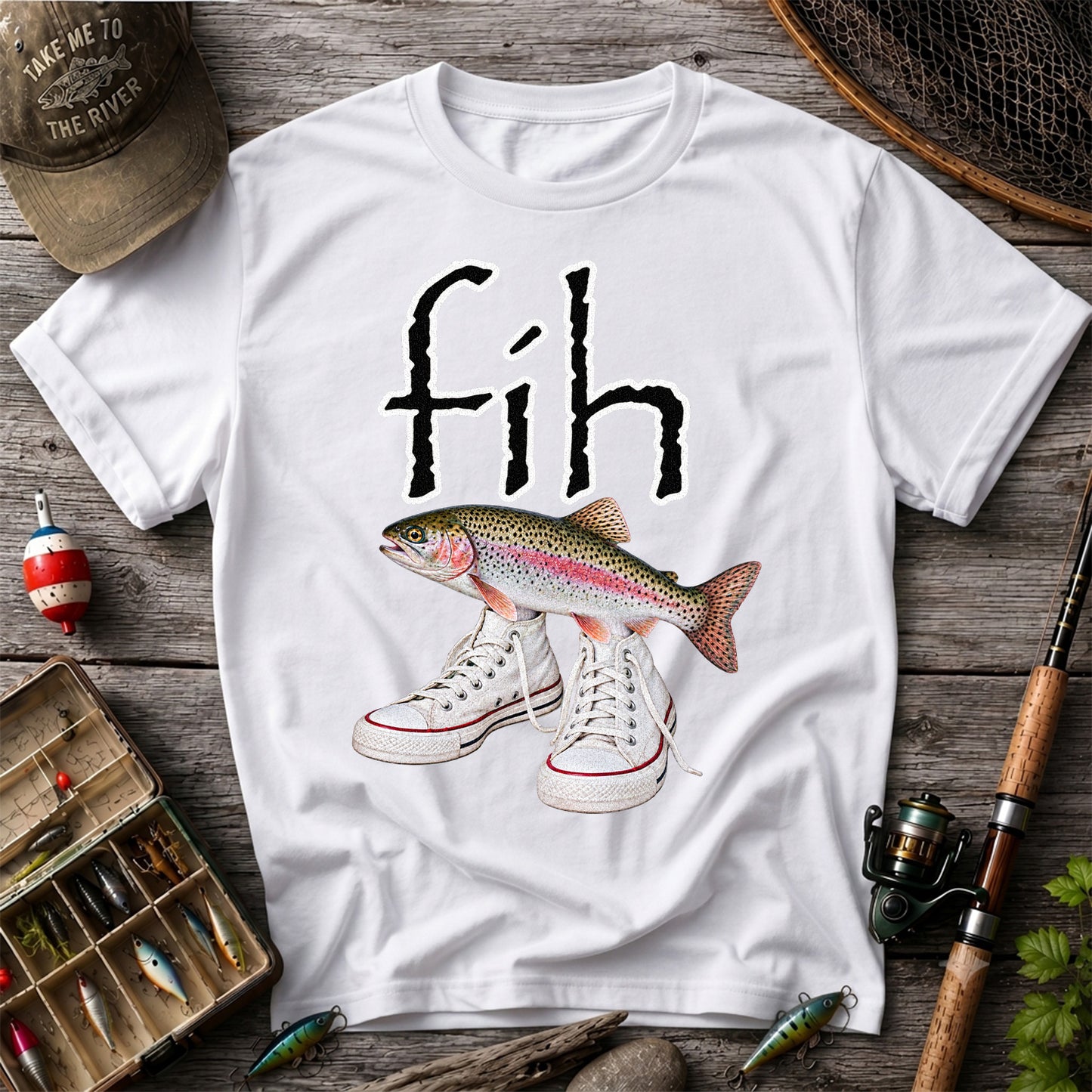 Fih Rainbow Trout Wearing Sneakers Funny Fishing Graphic T-Shirt
