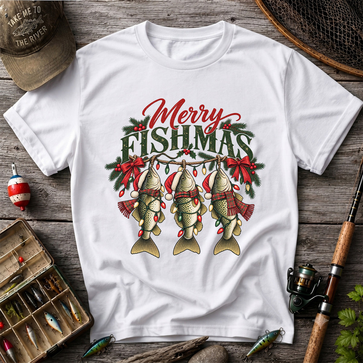 Merry Fishmas Christmas Trout Fishing Graphic T-Shirt
