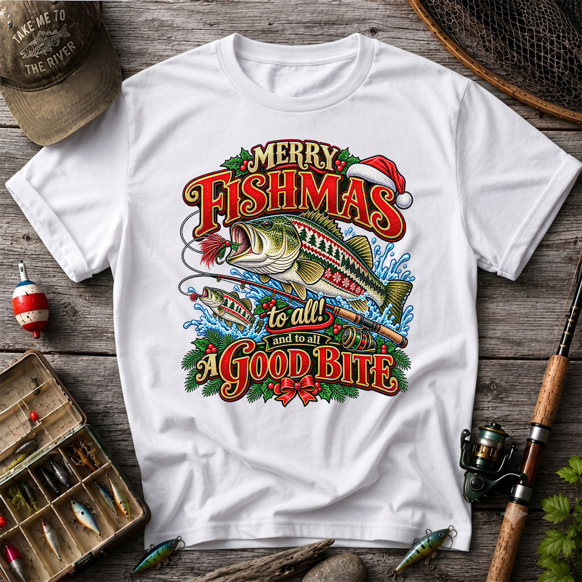 Merry Fishmas Christmas Sweater Pattern Bass Fishing T-Shirt