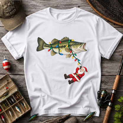 Santa Hanging from Christmas Lights on Bass Fishing Graphic T-Shirt
