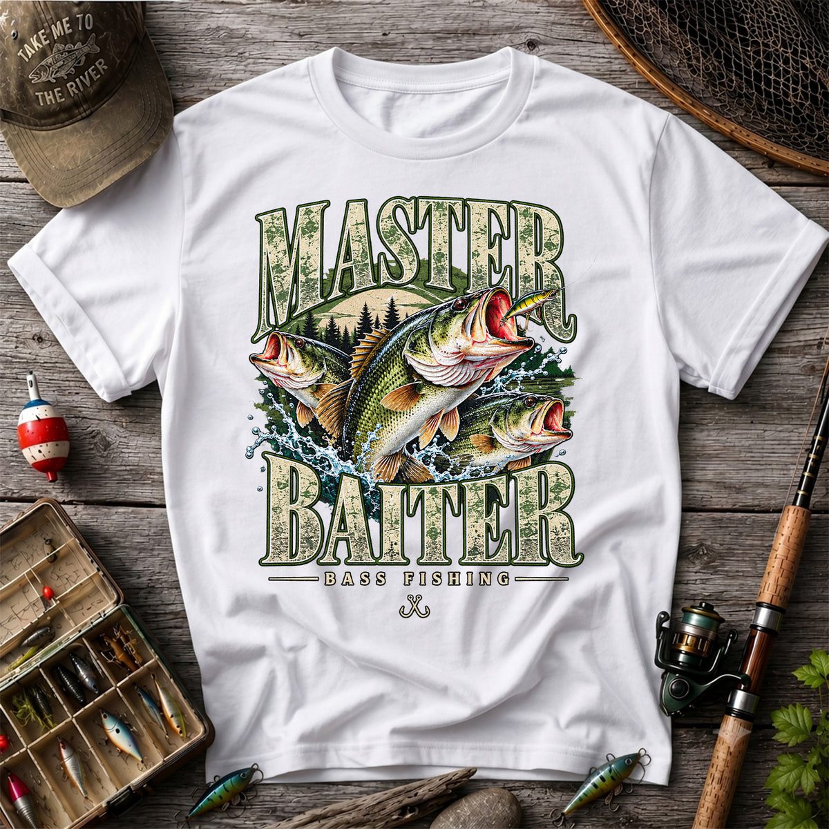 Master Baiter Bass Fishing Funny Vintage Graphic T-Shirt