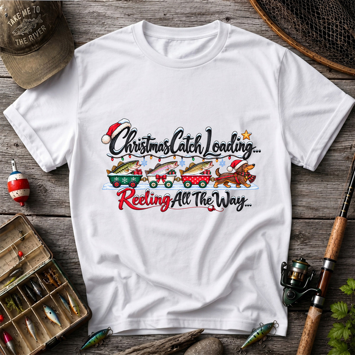 Christmas Fishing Train with Trout and Dog Graphic T-Shirt
