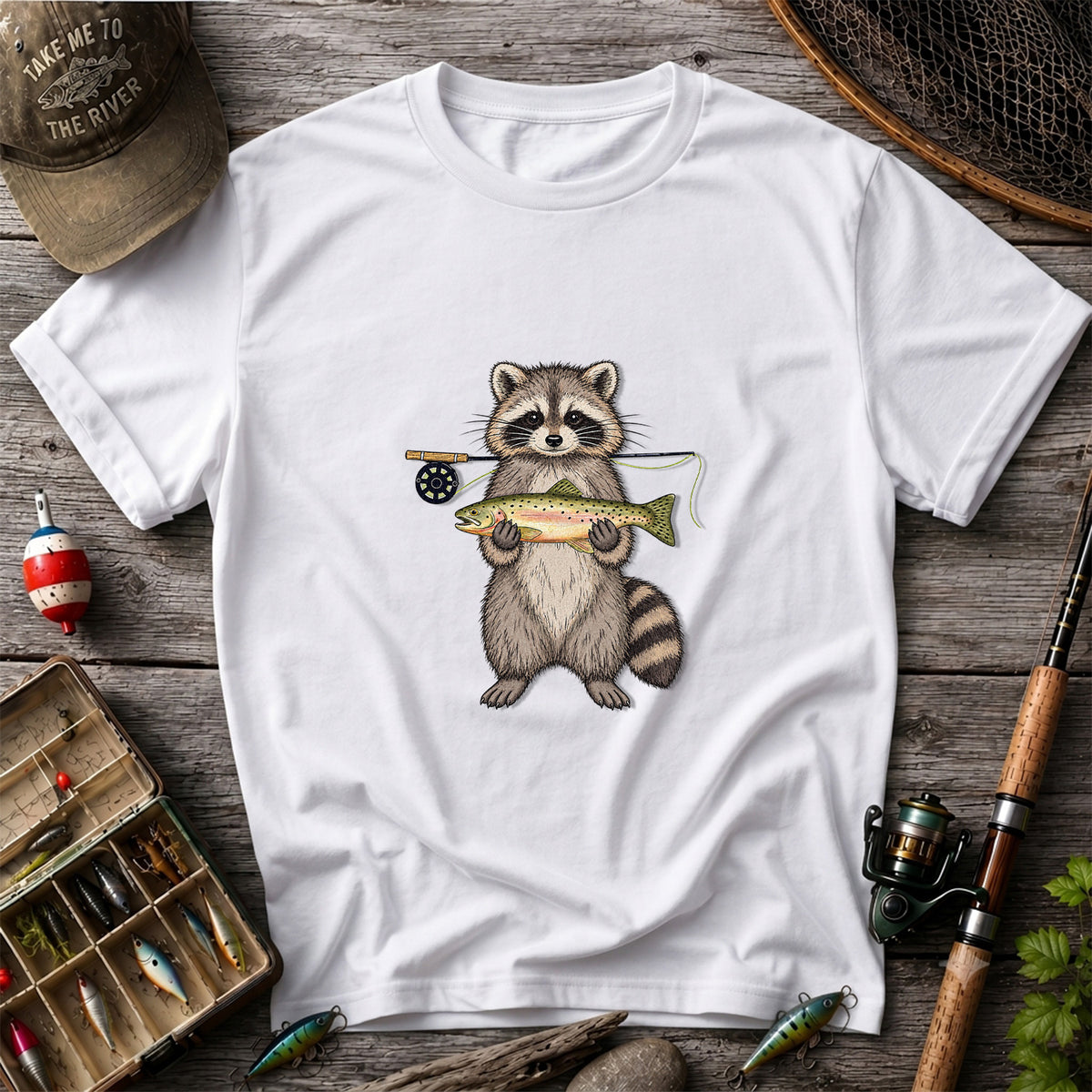 Cute Raccoon Holding Rainbow Trout Fly Fishing Graphic T-Shirt