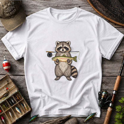 Cute Raccoon Holding Rainbow Trout Fly Fishing Graphic T-Shirt