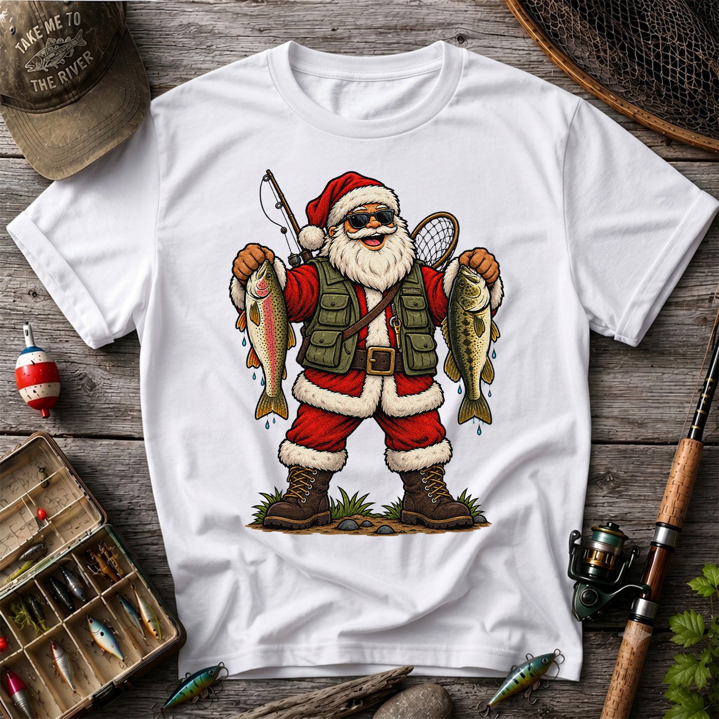 Santa Holding Rainbow Trout and Bass Christmas Fishing Graphic T-Shirt