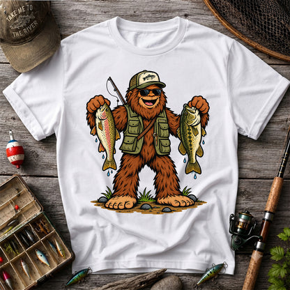 Bigfoot Holding Rainbow Trout and Bass Fishing Graphic T-Shirt
