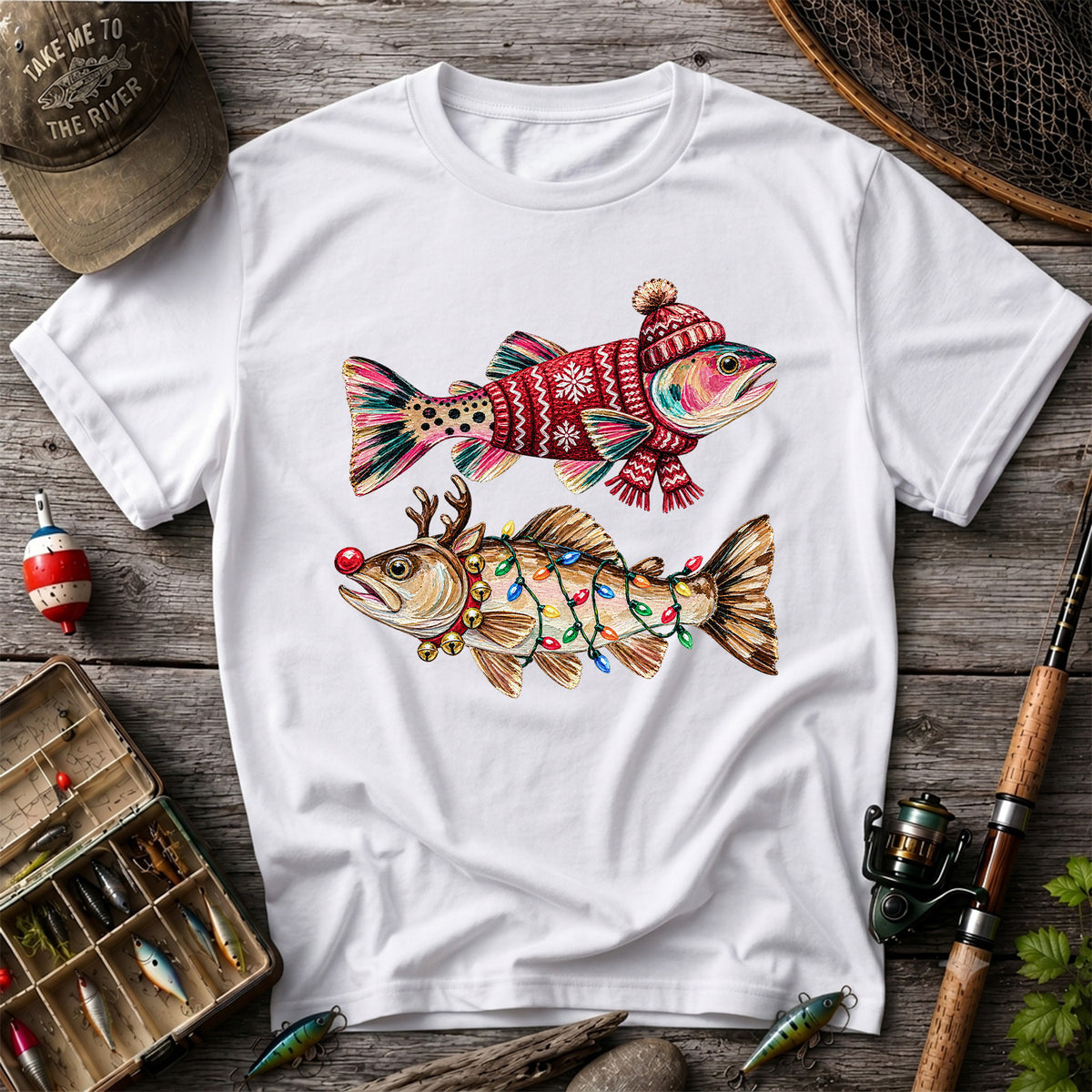 Festive Christmas Fish with Lights Fishing Graphic T-Shirt