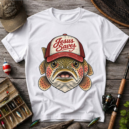 Jesus Saves Rainbow Trout in a Trucker Hat Fishing T-Shirt