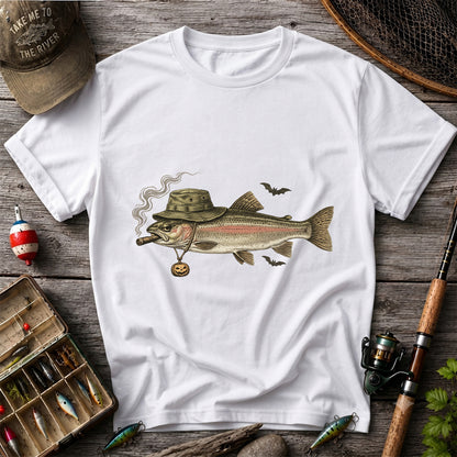 Halloween Trout in Fishing Hat with Pumpkin Charm Graphic T-Shirt