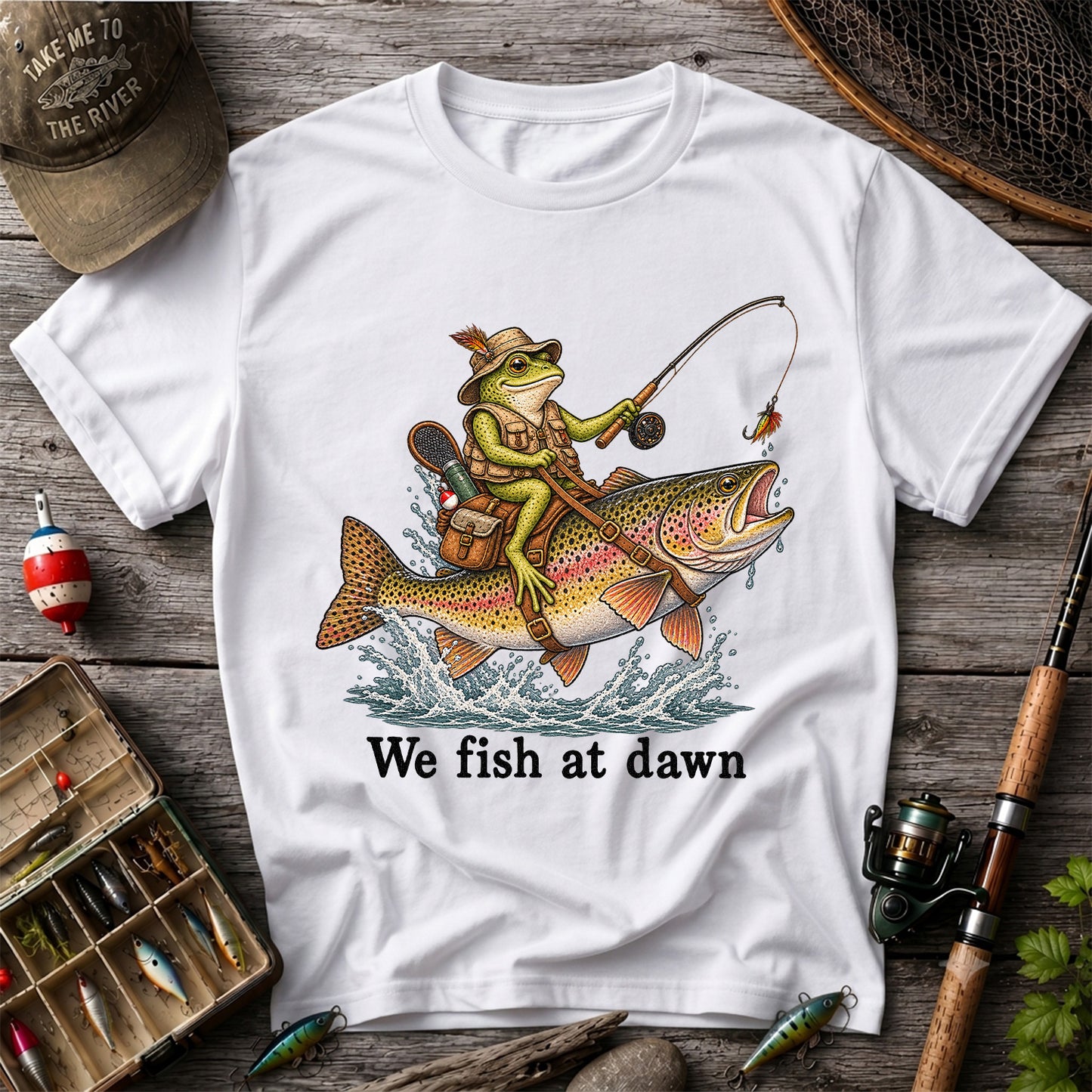 We Fish at Dawn Frog Riding a Rainbow Trout Funny Fishing T-Shirt