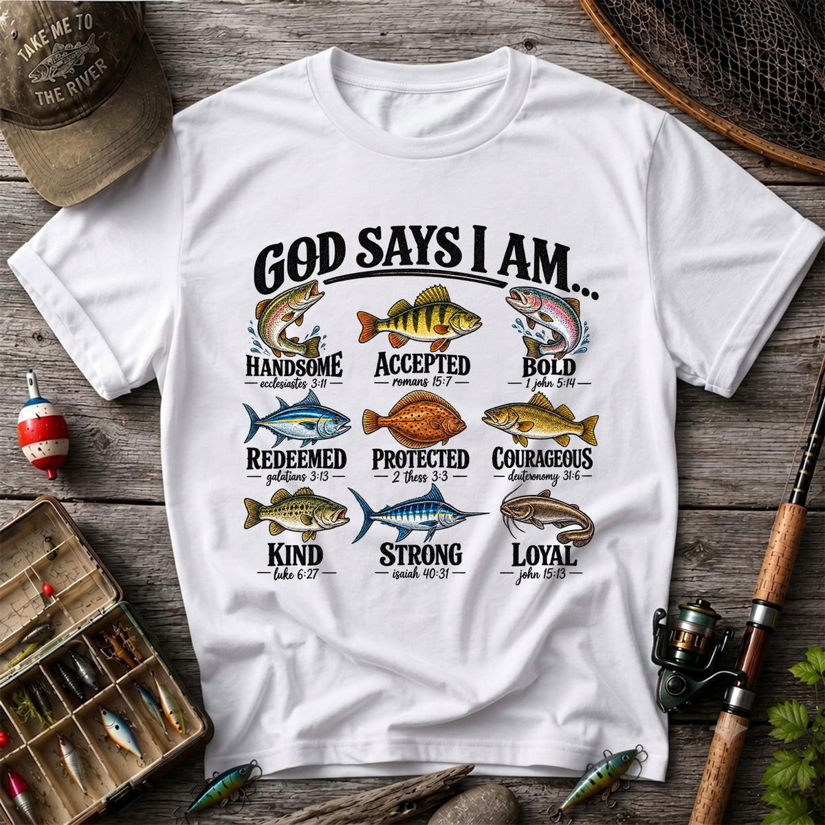 God Says I Am Christian Fish and Bible Verse Fishing Graphic T-Shirt