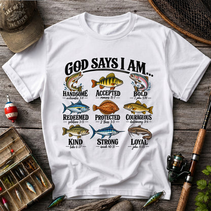 God Says I Am Christian Fish and Bible Verse Fishing Graphic T-Shirt