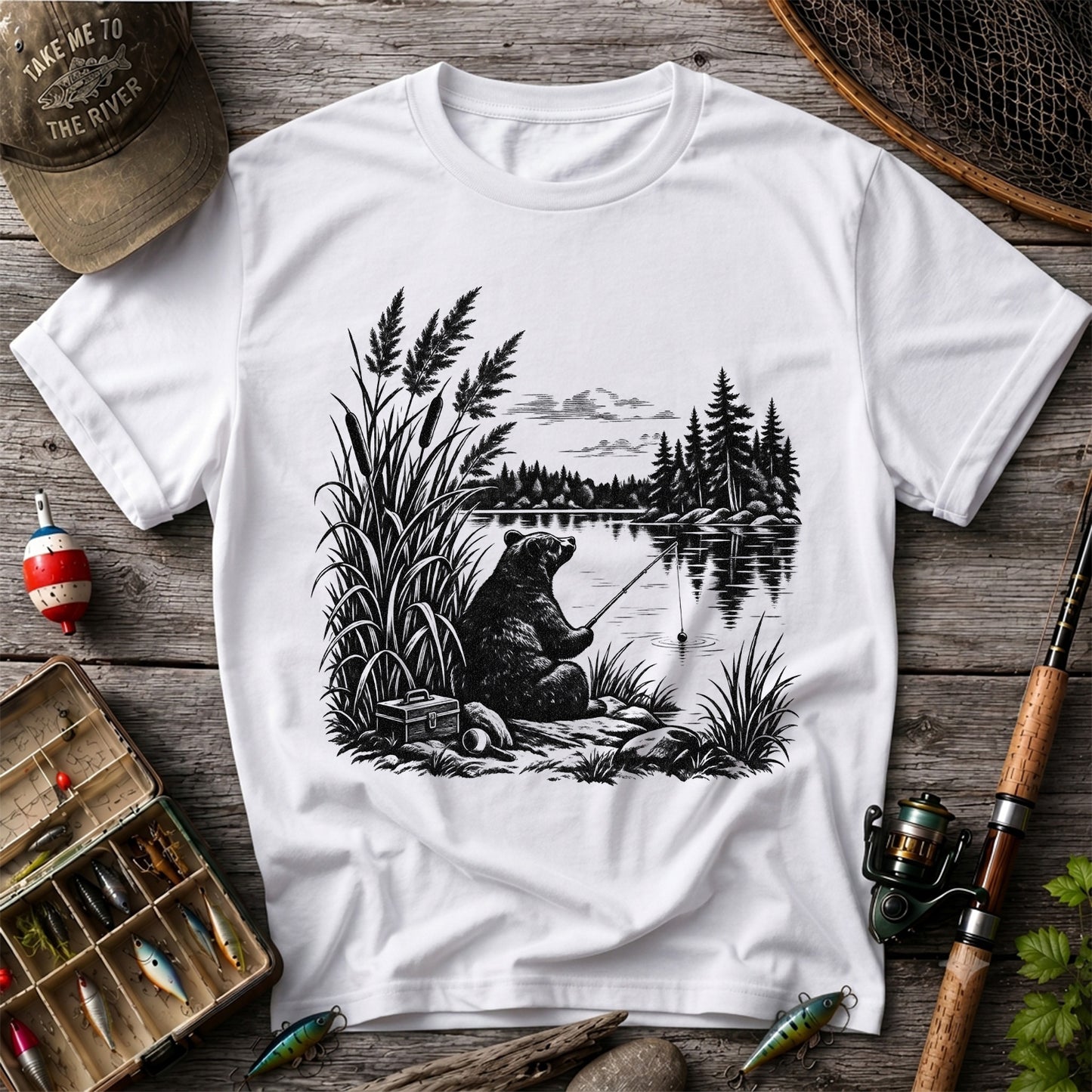 Bear Fishing by the Lake Vintage Outdoor Graphic T-Shirt