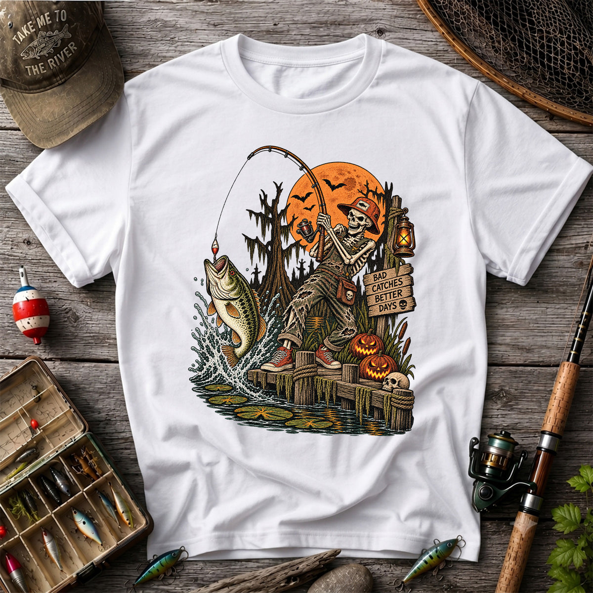 Bad Catches Better Days Skeleton and Bass Halloween Fishing T-Shirt