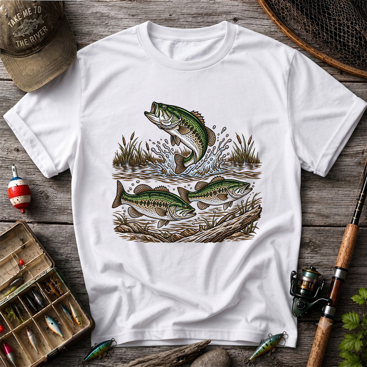 Largemouth Bass Jumping River Fishing Graphic T-Shirt