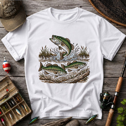 Largemouth Bass Jumping River Fishing Graphic T-Shirt