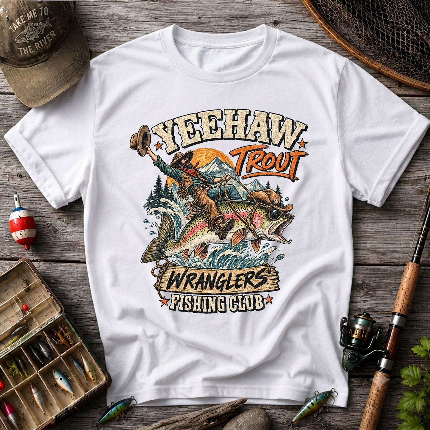Yeehaw Trout Wranglers Fishing Club Cowboy Graphic T-Shirt
