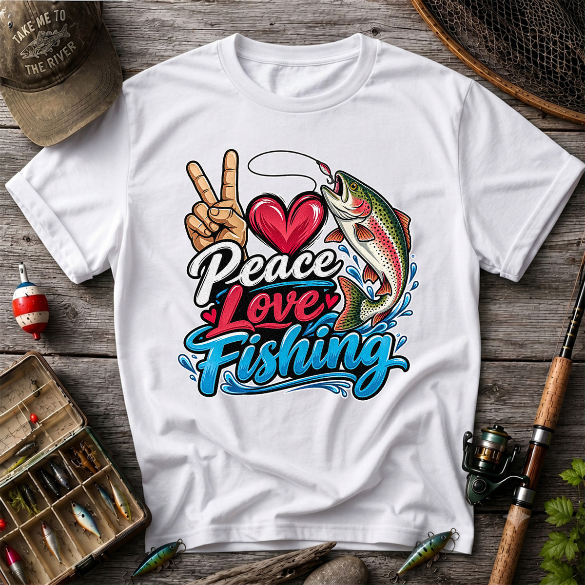 Peace Love Fishing Rainbow Trout and Heart Graphic T-Shirt