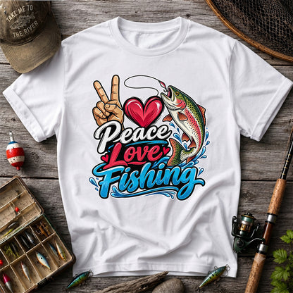 Peace Love Fishing Rainbow Trout and Heart Graphic T-Shirt