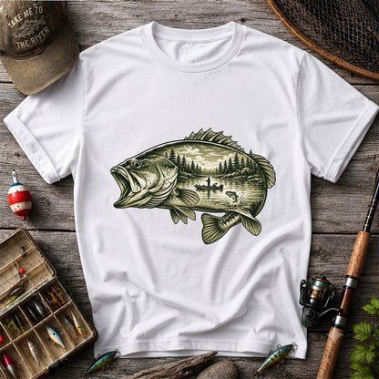 Vintage Bass Lake Fishing Scene Graphic T-Shirt