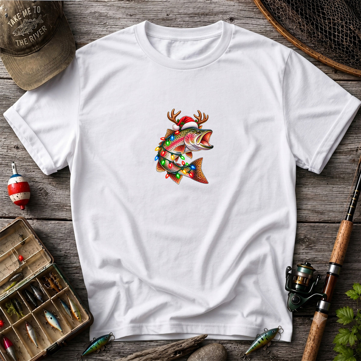 Christmas Rainbow Trout with Santa Hat, Antlers and Holiday Lights Fishing T-Shirt