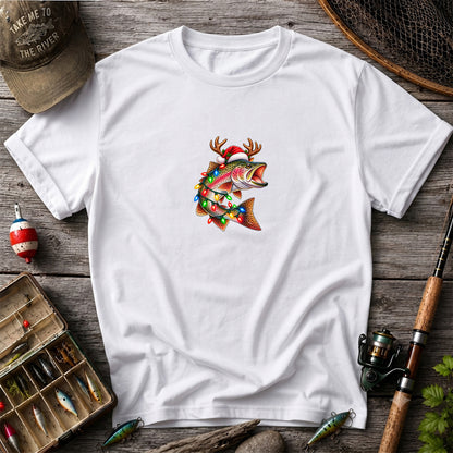 Christmas Rainbow Trout with Santa Hat, Antlers and Holiday Lights Fishing T-Shirt