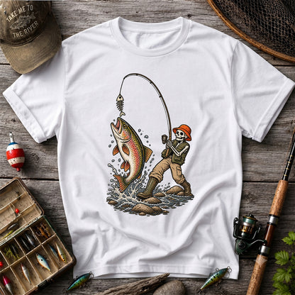 Skeleton Angler Catching Trout Dark Humor Fishing T-Shirt