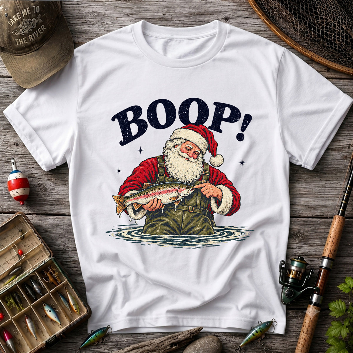 Boop Santa Holding Trout Funny Christmas Fishing T-Shirt
