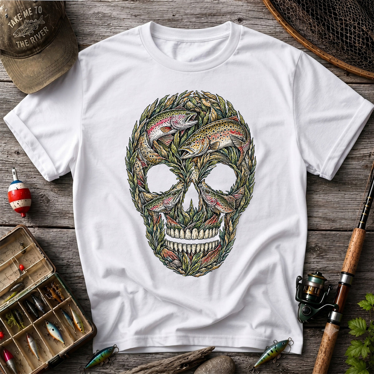 Rainbow and Brown Trout Skull Fishing Graphic T-Shirt