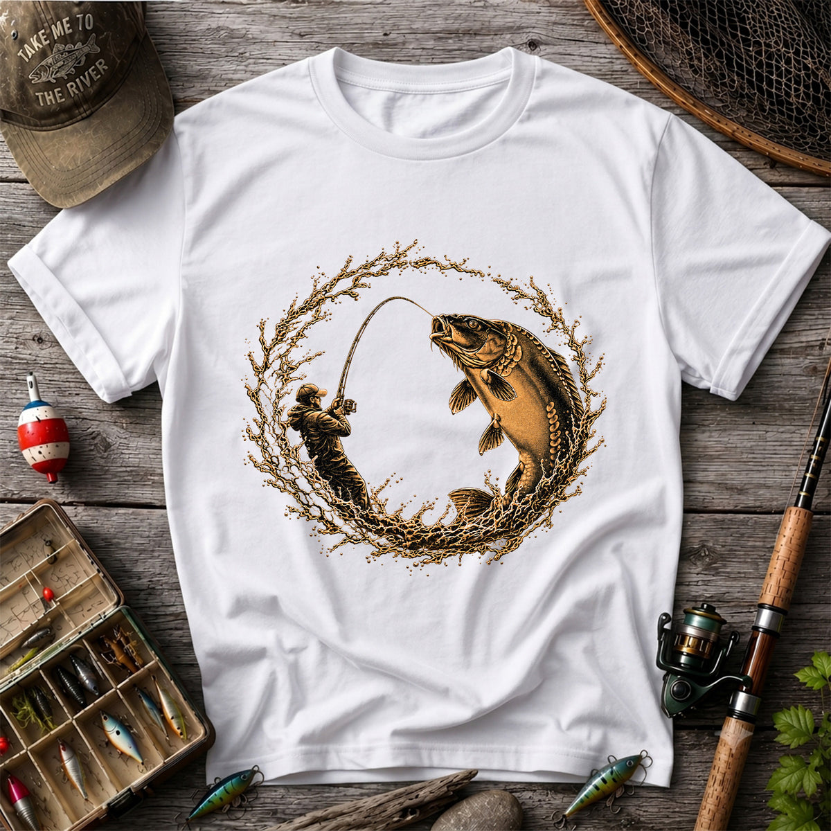 Carp Angler in Circular Water Splash Fishing Graphic T-Shirt