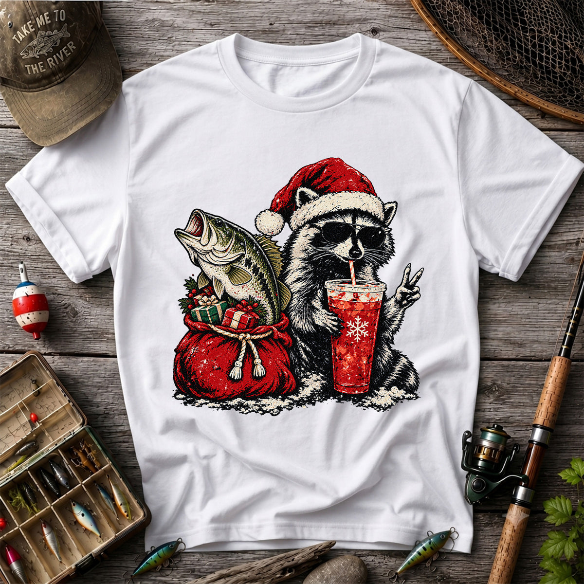 Santa Raccoon Sharing a Bass Christmas Fishing Graphic T-Shirt
