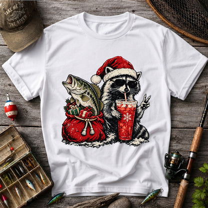 Santa Raccoon Sharing a Bass Christmas Fishing Graphic T-Shirt