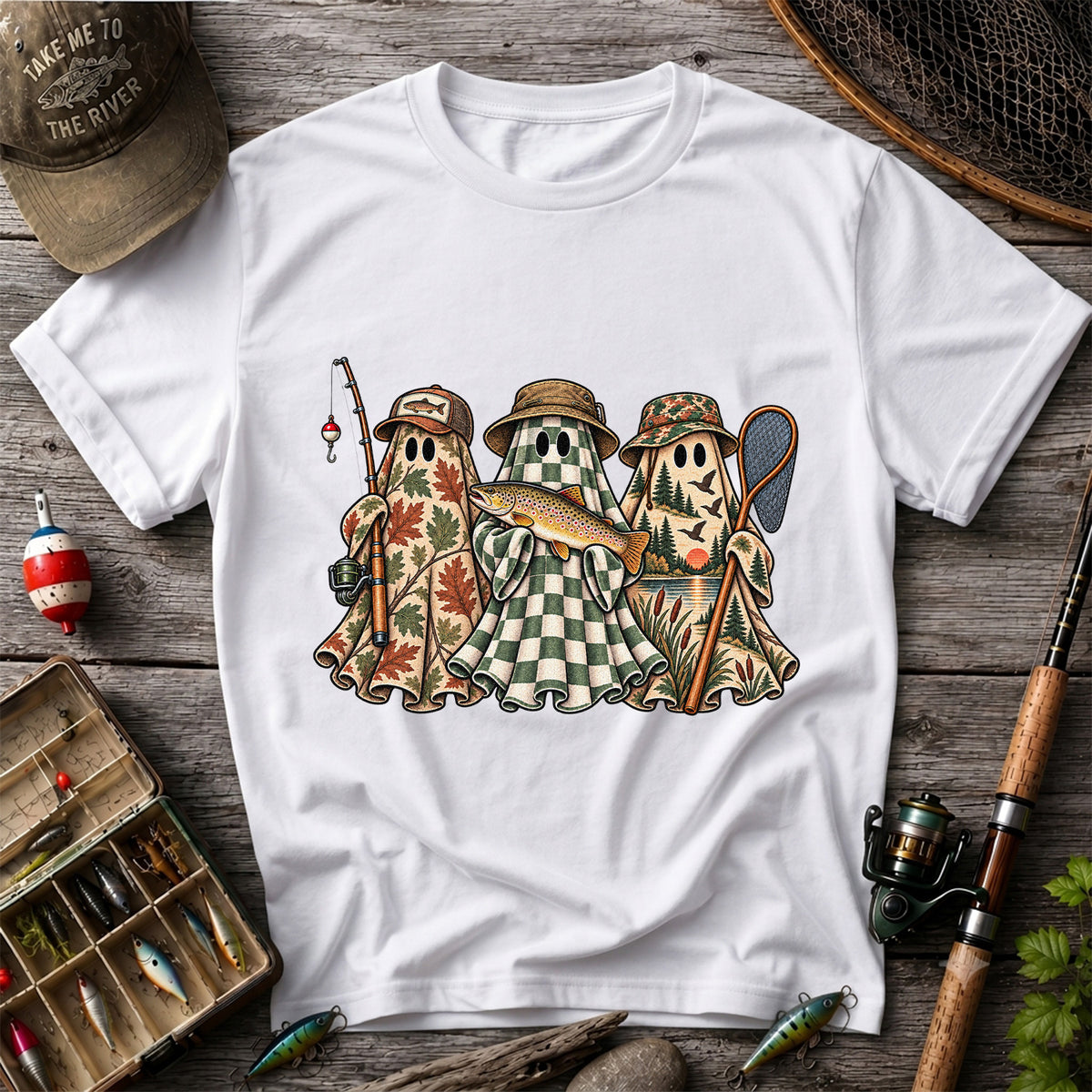 Autumn Ghost Trio with Brown Trout Halloween Fishing T-Shirt