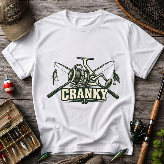Cranky Fishing Reel and Crossed Rods Graphic T-Shirt