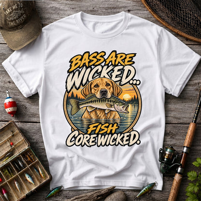 Bass Are Wicked Fish Core Wicked Dog Holding Bass Fishing T-Shirt