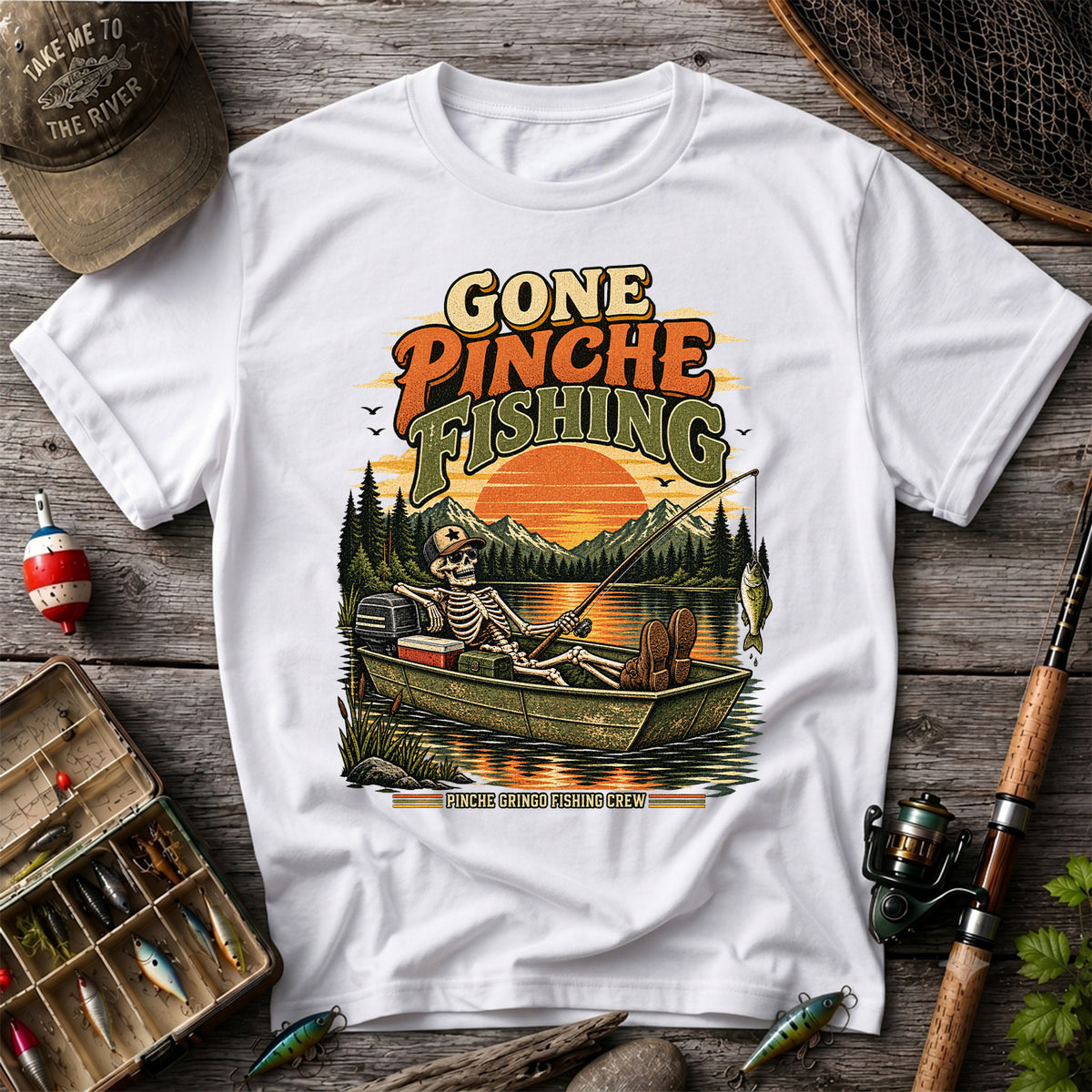 Gone Pinche Fishing Skeleton in a Boat Retro Graphic T-Shirt
